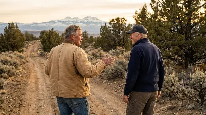 Two men in their late sixties talking as they walk up a dirt road on a high-desert ridge at sunrise