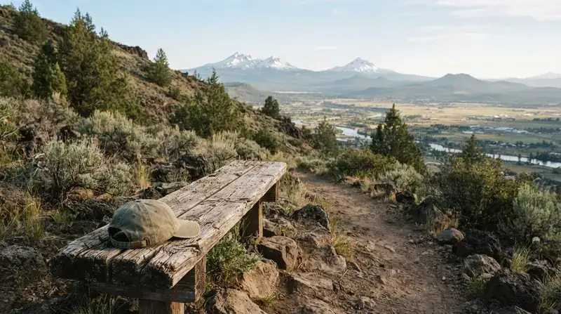 A weathered wooden bench beside a trail halfway up a juniper hillside, with a canvas cap resting on it