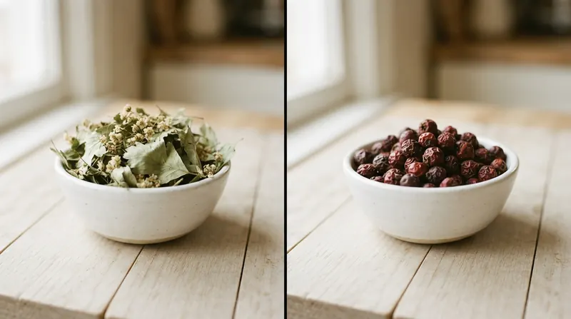 A split image with a bowl of dried hawthorn leaves and flowers on the left and a bowl of dried red hawthorn berries on the right