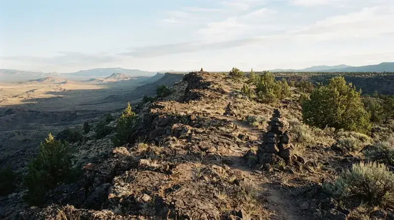 A faint trail winding up a lava-rock ridgeline, with small stone cairns placed along it at intervals