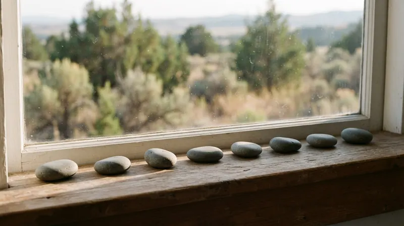 A row of smooth grey stones lined up along a sunny wooden windowsill