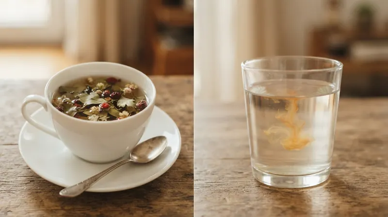 A split image with a cup of hawthorn tea on the left and a glass of warm water with an amber swirl on the right