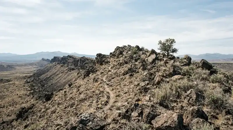 A faint trail climbing a lava-rock ridge and fading out among boulders and sagebrush near a lone juniper