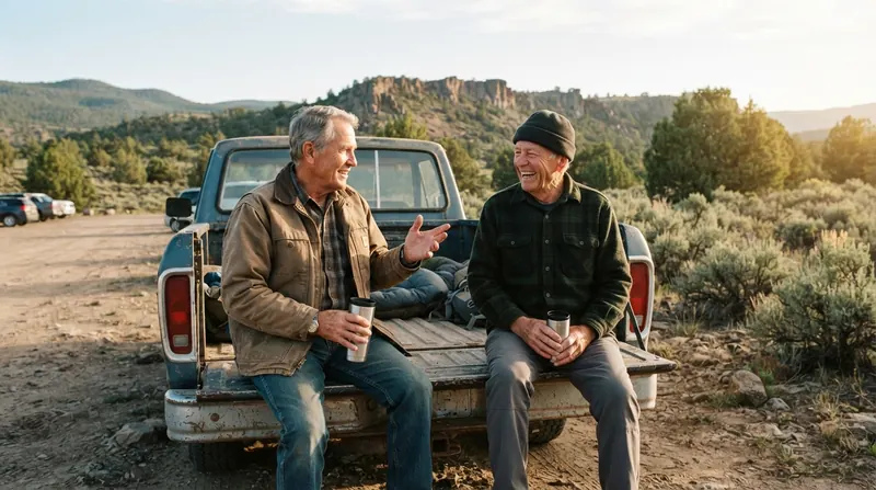 Two men around seventy laughing on the tailgate of a pickup at a high-desert trailhead, holding thermos cups