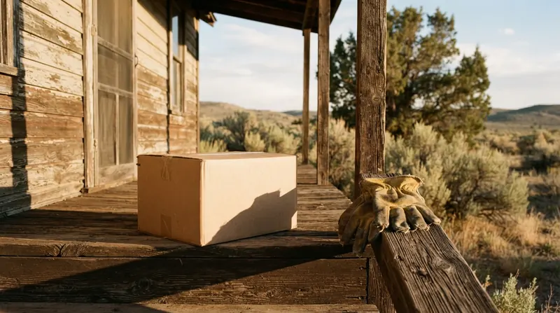 A plain brown shipping box on a wooden porch step in late afternoon light, with work gloves on the rail