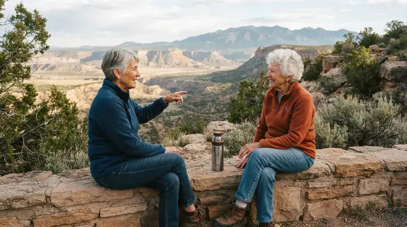 Two older women talking on a low stone wall at a high-desert overlook, one pointing toward the valley