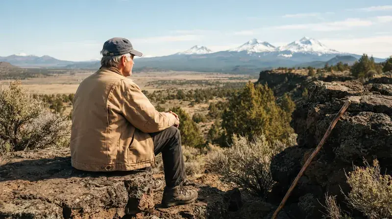 An older man in a canvas jacket sitting on a lava-rock ledge at the top of a ridge, looking out over a wide valley