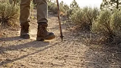 Worn hiking boots and a walking stick stepping steadily up a dusty switchback among sagebrush