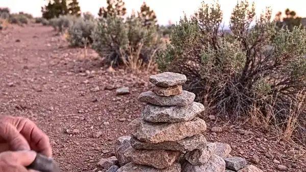 Weathered hands setting a small flat stone on top of a trail cairn beside a dirt path