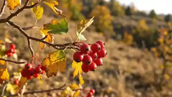 A thorny hawthorn branch with clusters of small red berries swaying slightly in an autumn breeze