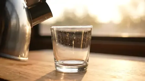 A kettle pouring a thin stream of hot water into a clear glass on a kitchen counter