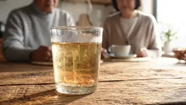 An amber swirl slowly spreading through a glass of warm water on a wooden counter