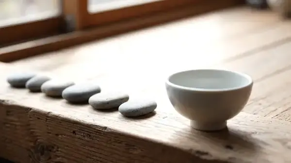 A weathered hand moving one stone from a row on a windowsill into a small white bowl
