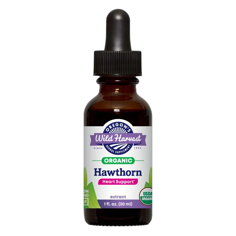 The one-ounce amber bottle of Oregon's Wild Harvest Organic Hawthorn extract, as photographed by the seller